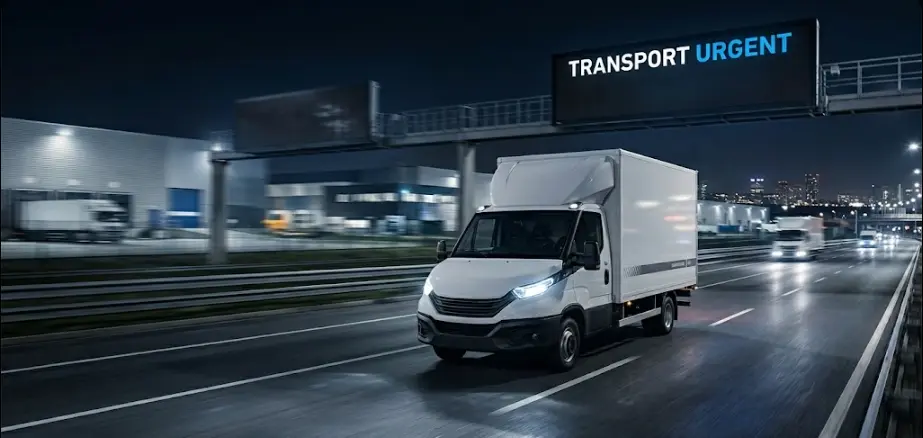 Un camion de transport blanc circulant de nuit sur une route mouillée sous un panneau lumineux affichant "TRANSPORT URGENT" en lettres bleues